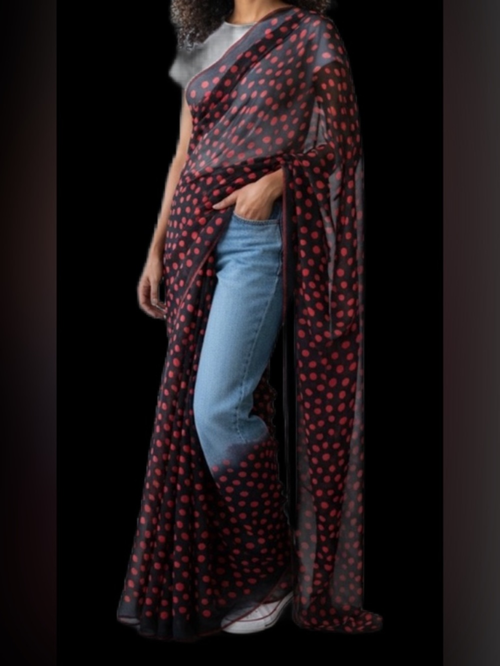 Nwots Elegant Black and Red Polka Dot Saree fabric